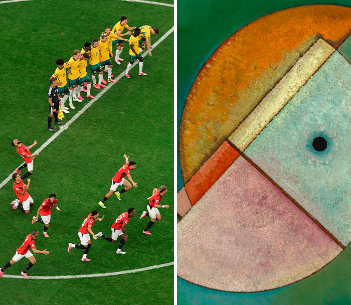World Cup 2026: Footballers mimic art with a circular arrangement on the field, echoing a geometric painting.