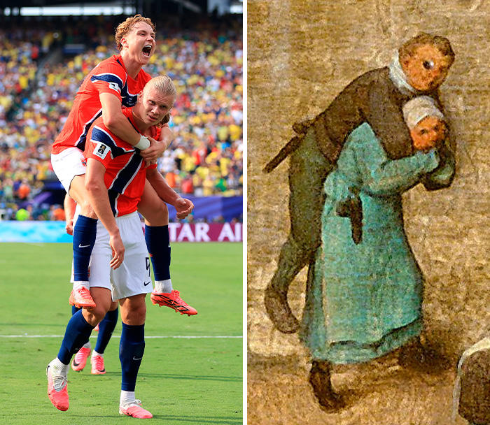 World Cup 2026 player carrying another on his back, similar to a classic work of art.