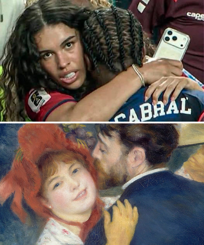 World Cup 2026 fan hugging a player, recreating a romantic scene from a work of art.
