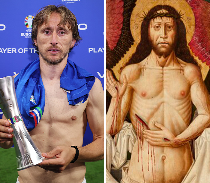 World Cup 2026: A shirtless football player holding a trophy, strikingly similar to a religious work of art.