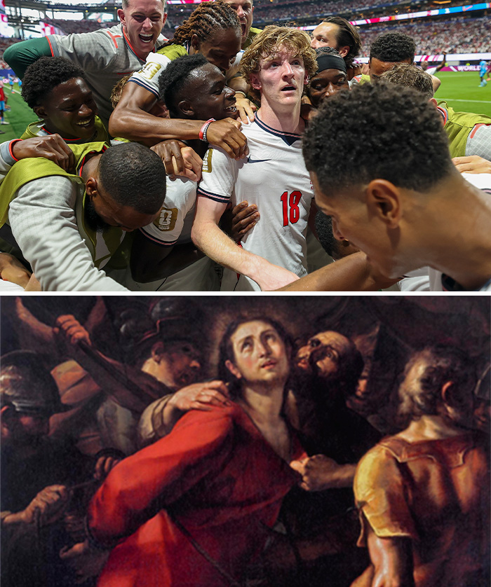 World Cup 2026 moment of a team celebrating, mirroring a classic work of art.