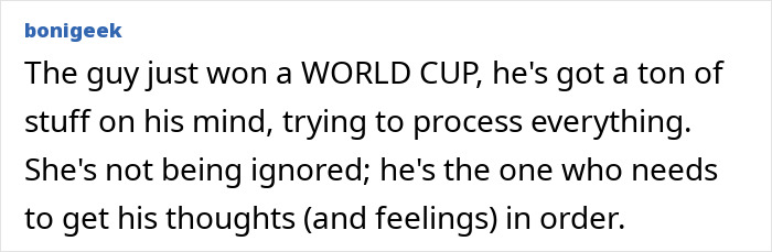 A comment by bonigeek about the World Cup hero's treatment of girlfriend and female fans. A comment by bonigeek about the World Cup hero's treatment of girlfriend and female fans.