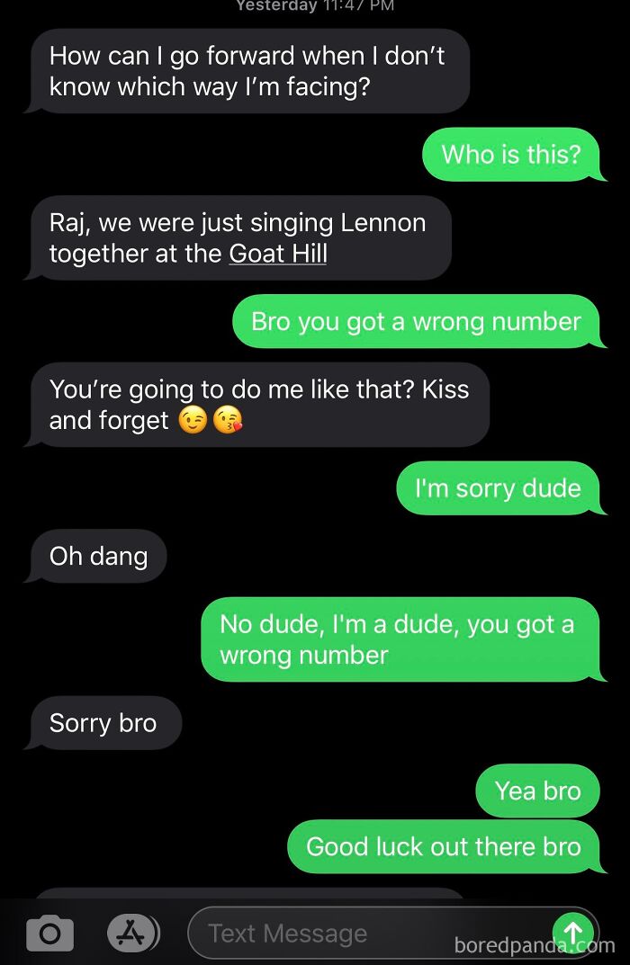 A mobile phone displaying a hilarious wrong number text conversation, where someone mistook the recipient for a friend named Raj.