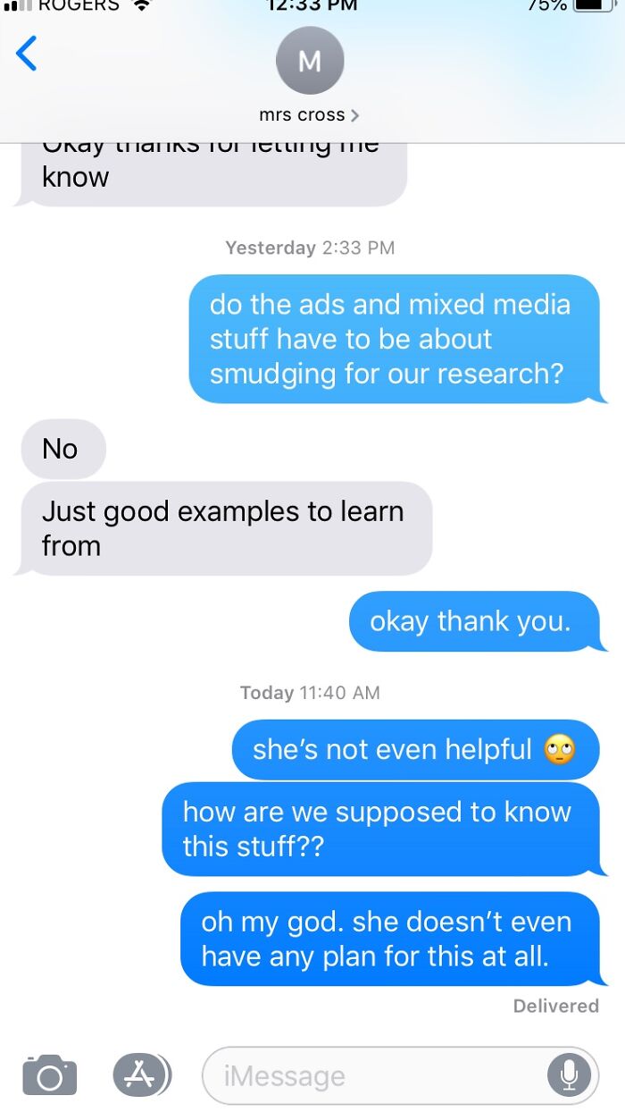 A mobile phone screen displaying a series of wrong number texts, showing a conversation about research and a professor.