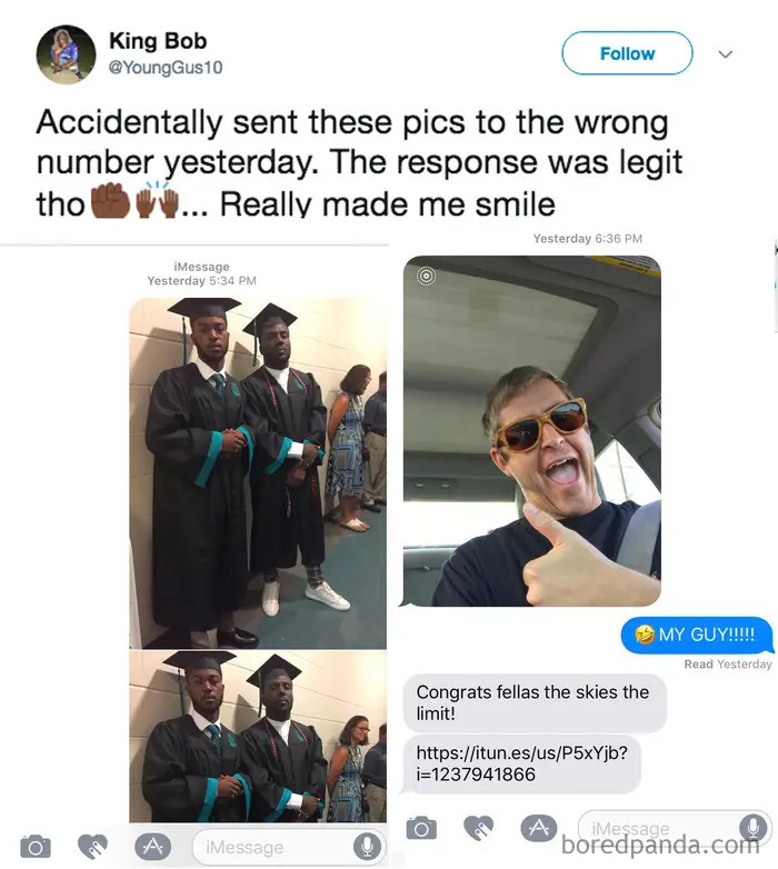 A screenshot showing a hilarious wrong number text conversation with images of graduates and a man giving a thumbs-up.