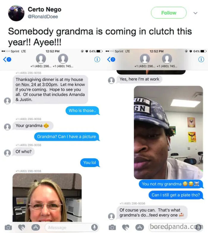 A screenshot of a text conversation where someone mistakenly invites a stranger to Thanksgiving, thinking they are grandma, a funny wrong number text.