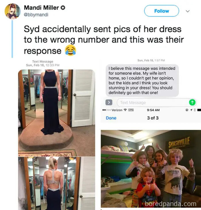 A screenshot of a Twitter post showing a girl's dress and a hilarious wrong number text response from a family.