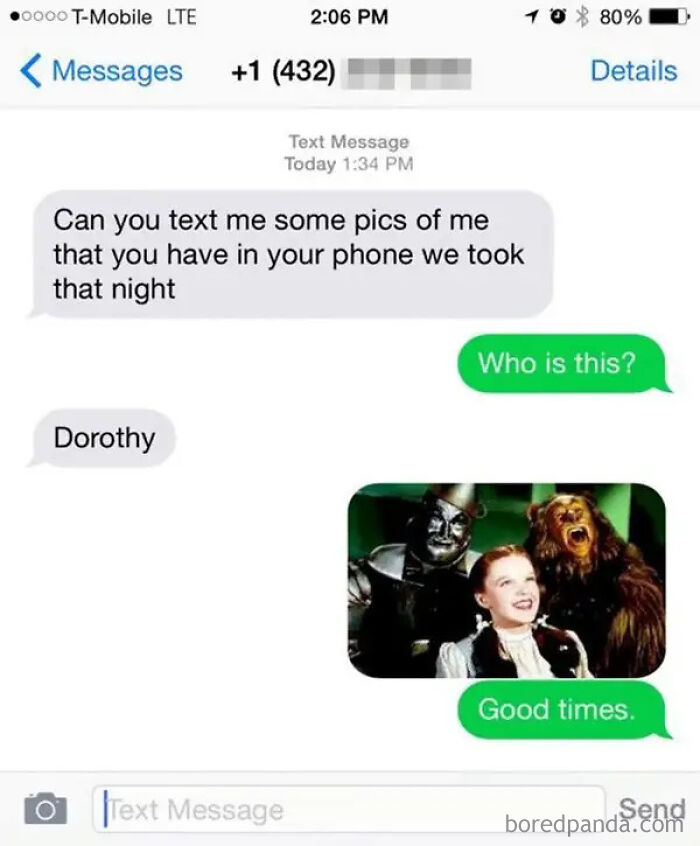 A screenshot of hilarious wrong number texts, with a person named Dorothy receiving an image of Wizard of Oz characters.