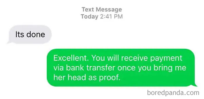 A screenshot of a hilarious wrong number text with a dark, humorous response about payment for a head.