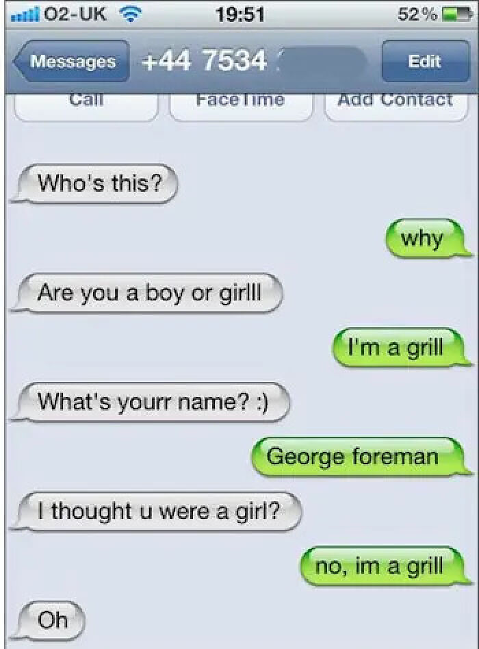 A screenshot of a hilarious wrong number text exchange where a person claims to be a grill named George Foreman.