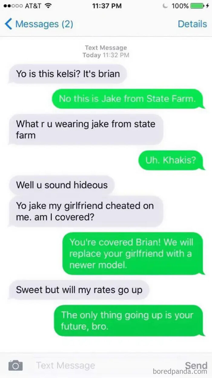 Hilarious wrong number texts: a person pranks another by impersonating Jake from State Farm in a text conversation.