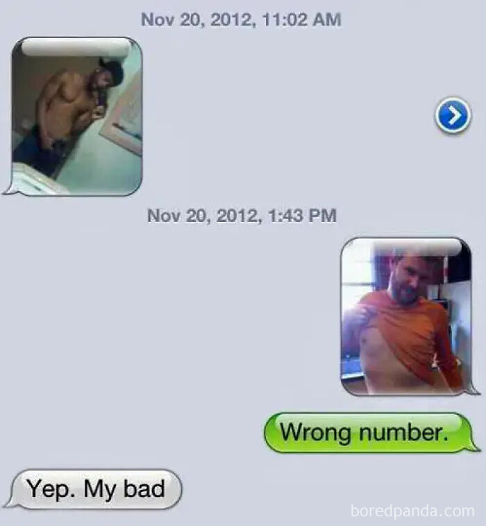 Hilarious wrong number texts: two men exchange shirtless selfies by mistake.