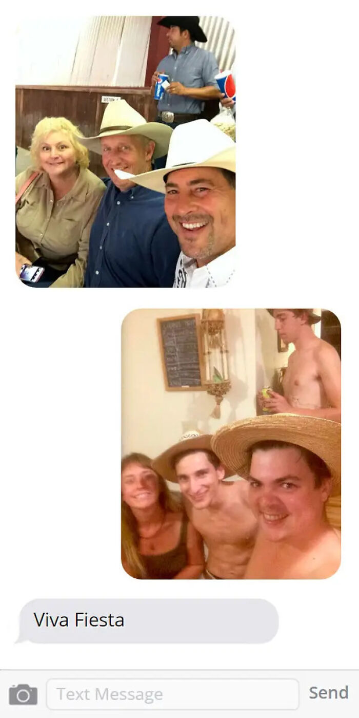 A man texts wrong number texts and gets unexpected party photos. One image shows an older couple and a man in a cowboy hat, and another image shows a group of young men in straw hats.