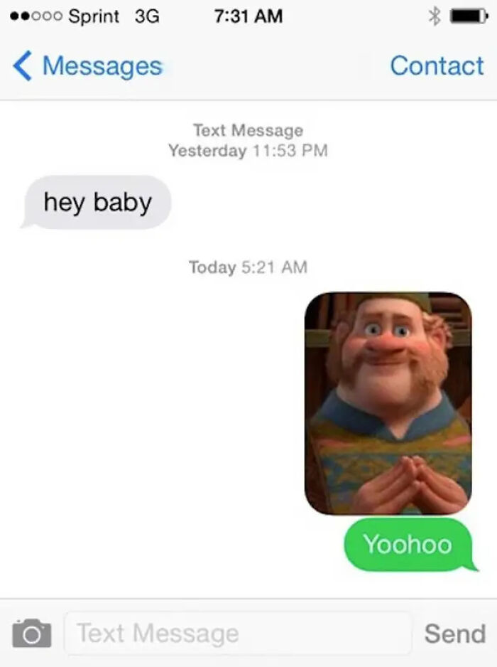 Hilarious chaos from a wrong number text, a man receives a Hey baby message and replies with a GIF from Disney's Frozen character Oaken saying Yoohoo