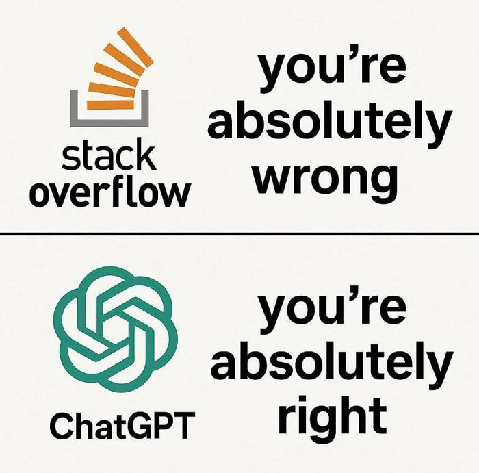 A funny meme comparing Stack Overflow and ChatGPT answers, highlighting AI's sometimes misleading confidence.