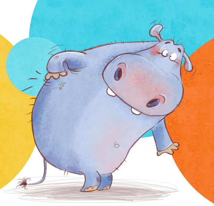 A lovable illustrated character of a hippo scratching a mosquito bite with a surprised expression.