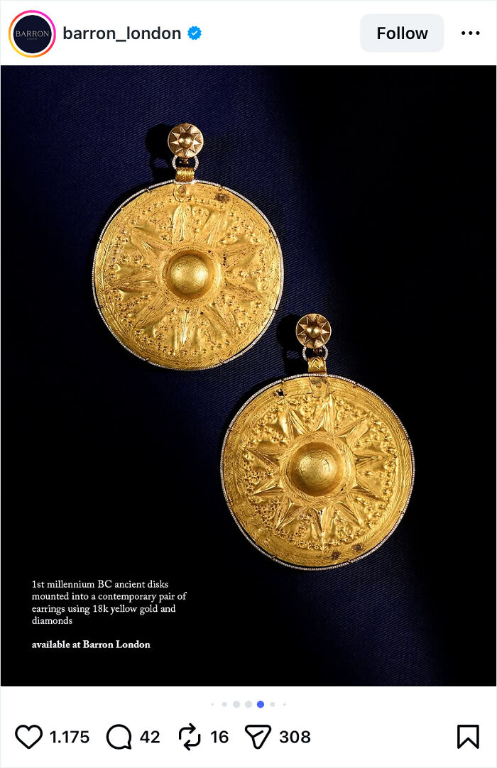 Image of 3000-year-old earrings from Barron London on a dark background. Image of 3000-year-old earrings from Barron London on a dark background.