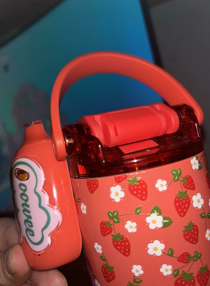 Strawberry-themed water bottle with a small, matching, incredibly satisfying paint match charm attached.
