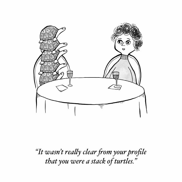 One-panel comics humorously depicts a person on a date with a stack of turtles, finding humor in mundane thoughts.