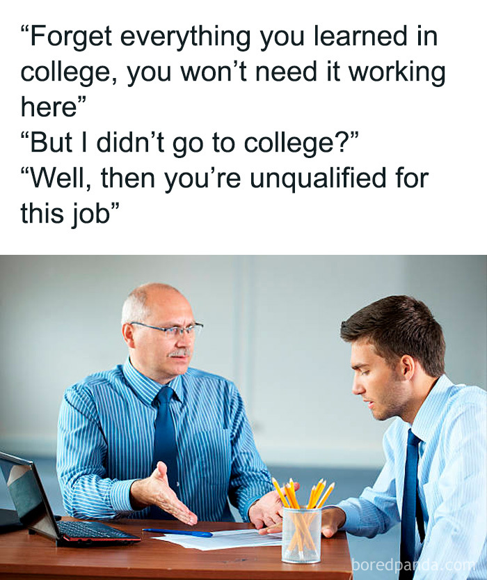 An older man talks to a younger man, illustrating recruiting hell in a new job interview.