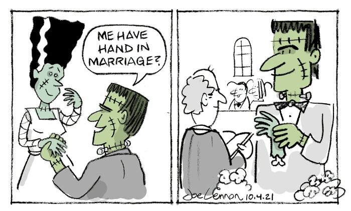 Joe Lennon comic illustrating Frankenstein giving a hand in marriage, one of life's tiny awkward moments.