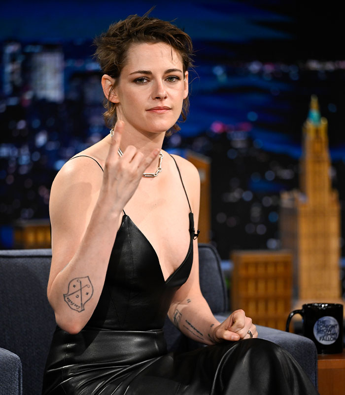 Kristen Stewart's unsettling appearance on Jimmy Fallon Show, looking directly at the camera.