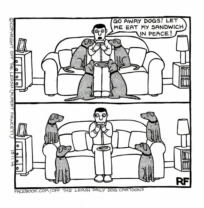Off The Leash comic: A man tries to eat his sandwich in peace, surrounded by demanding dogs.