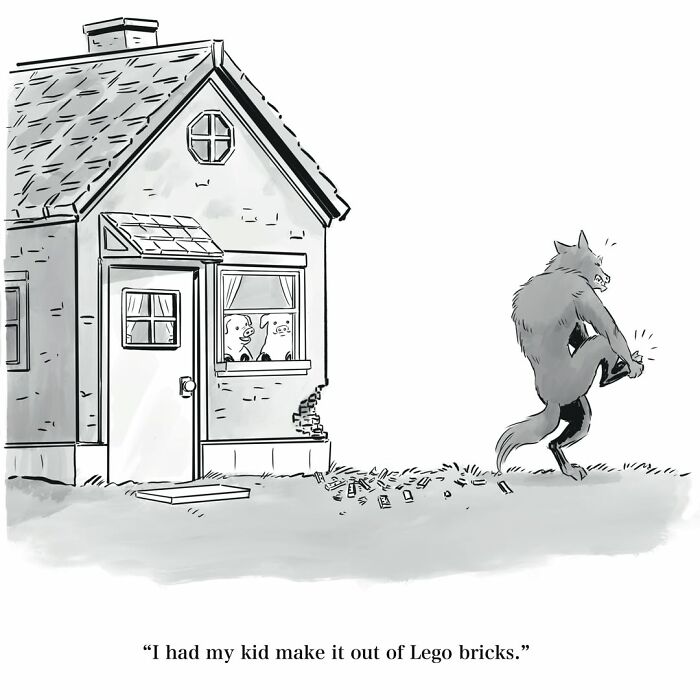 Mannequin on the Moon comic: the Big Bad Wolf hurting his foot on a Lego house, pigs inside.