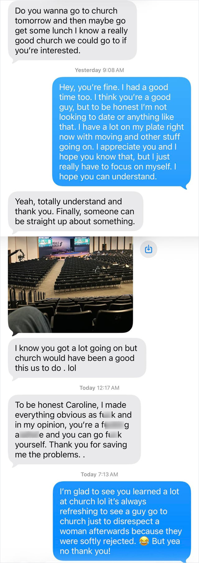 A screenshot of a funny internet moment showing a text conversation about church and a soft rejection, preserved.