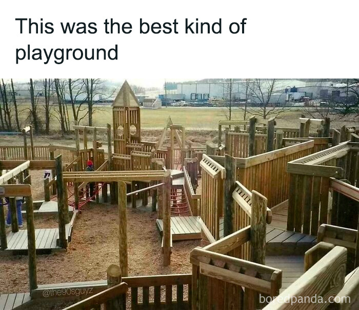 Nostalgic memes show a classic wooden playground, evoking a '90s kid childhood.