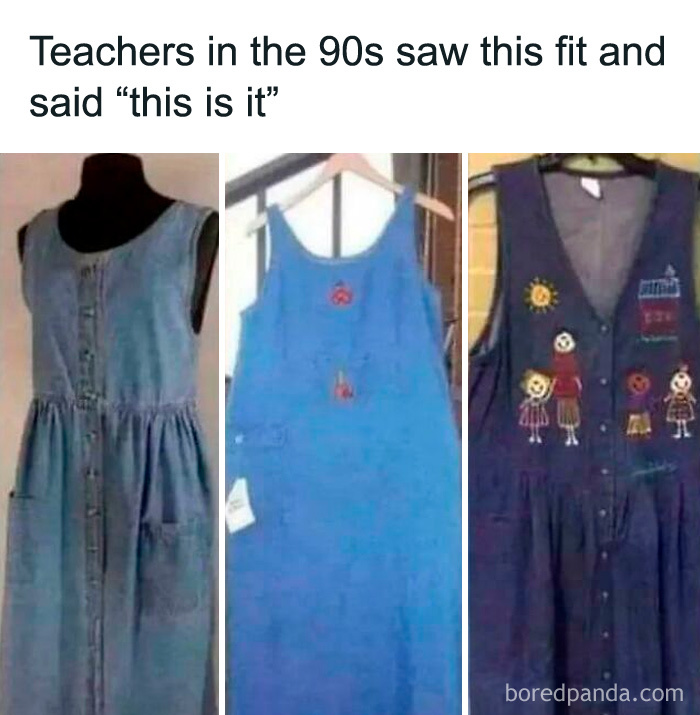 Three denim dresses, a nostalgic meme for 90s kid teachers fashion, bringing back childhood styles.