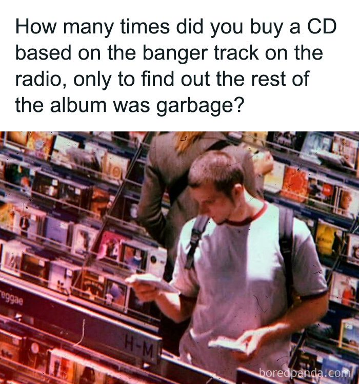 A '90s kid browsing CDs in a store, a nostalgic meme about buying albums based on one hit song.