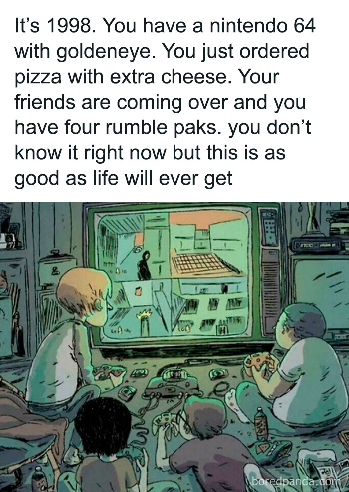 Illustration of 90s kids playing Nintendo 64 and Goldeneye, a nostalgic childhood scene.