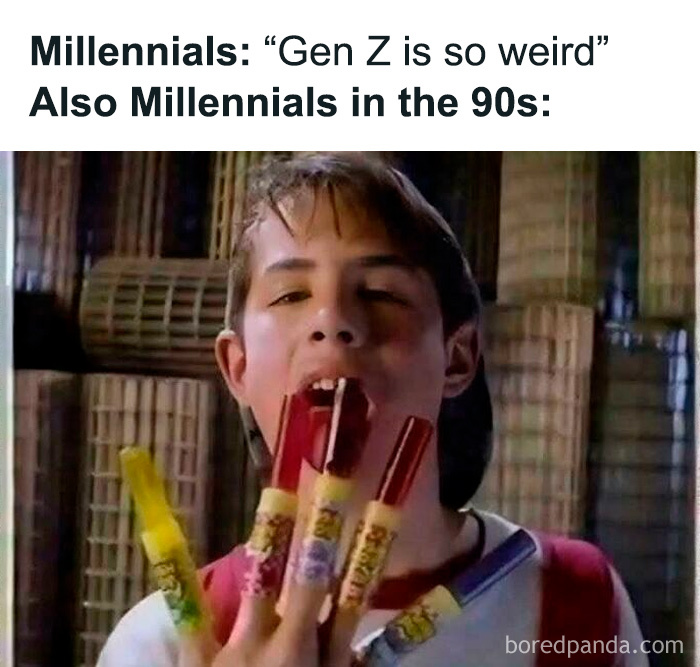 A 90s kid with candy cigarettes on his fingers, a nostalgic meme representing childhood.