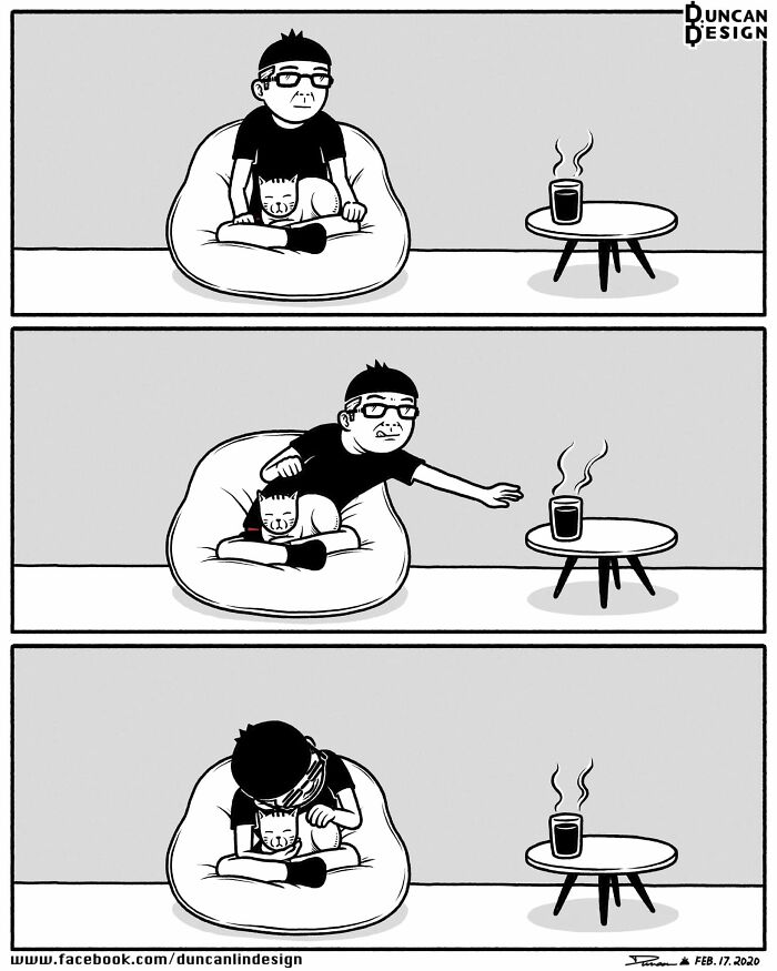 A relatable comic about everyday life, showing a person on a beanbag with a cat, struggling to reach a drink.