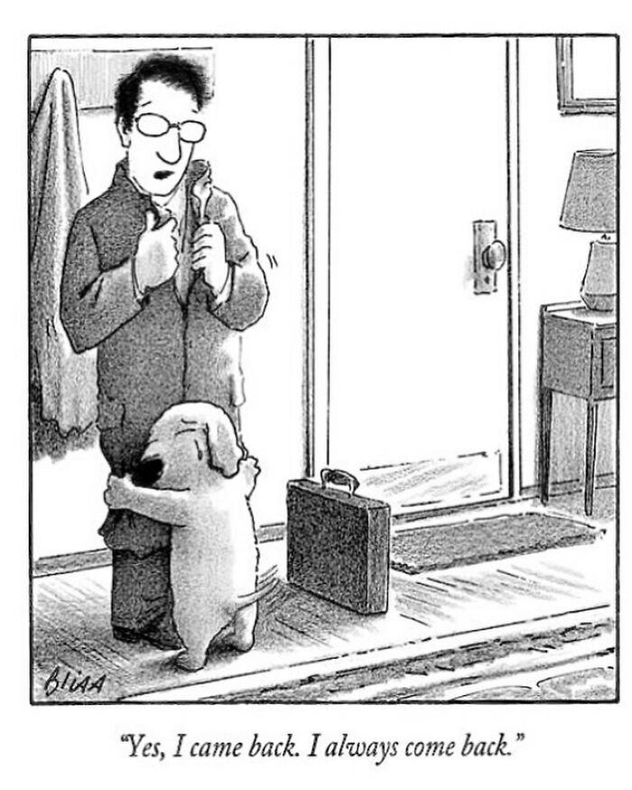 Funny dog comics by Harry Bliss: a man, leaving for work, is hugged by his loving pet dog.