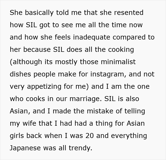 A screenshot of text explaining a wife's jealousy over SIL's cooking and a secret police call resulting in deportation.
