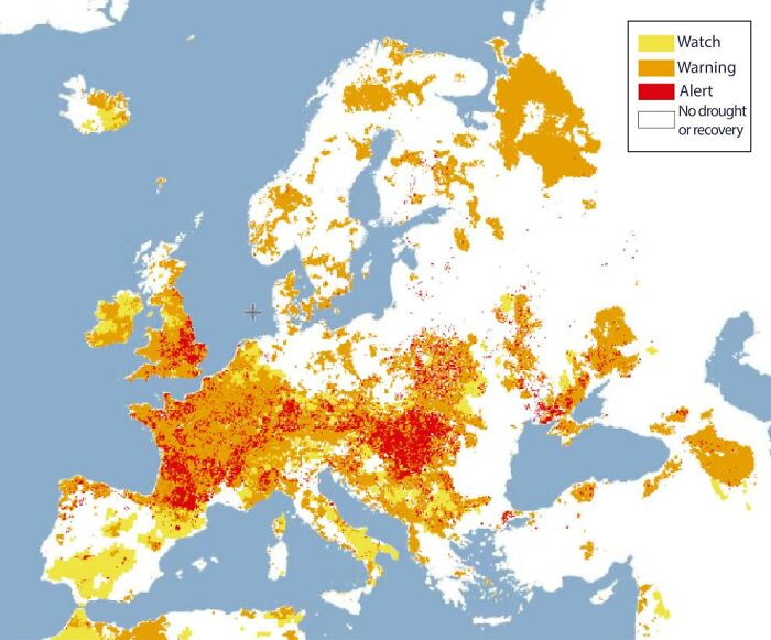 Map of Europe indicating a brutal drought, with areas of watch, warning, and alert levels affecting the continent.
