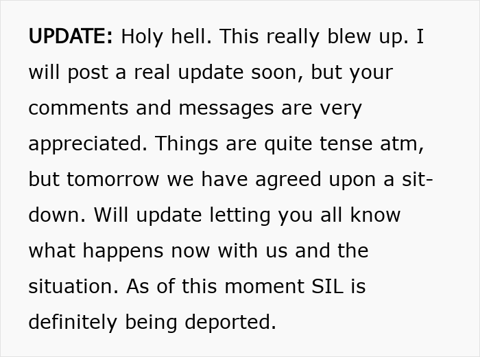 Text update: sister-in-law is definitely being deported due to wife's jealousy and a secret police call.