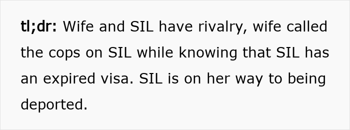 Text summary: wife's jealousy led to a secret police call, resulting in sister-in-law's deportation.