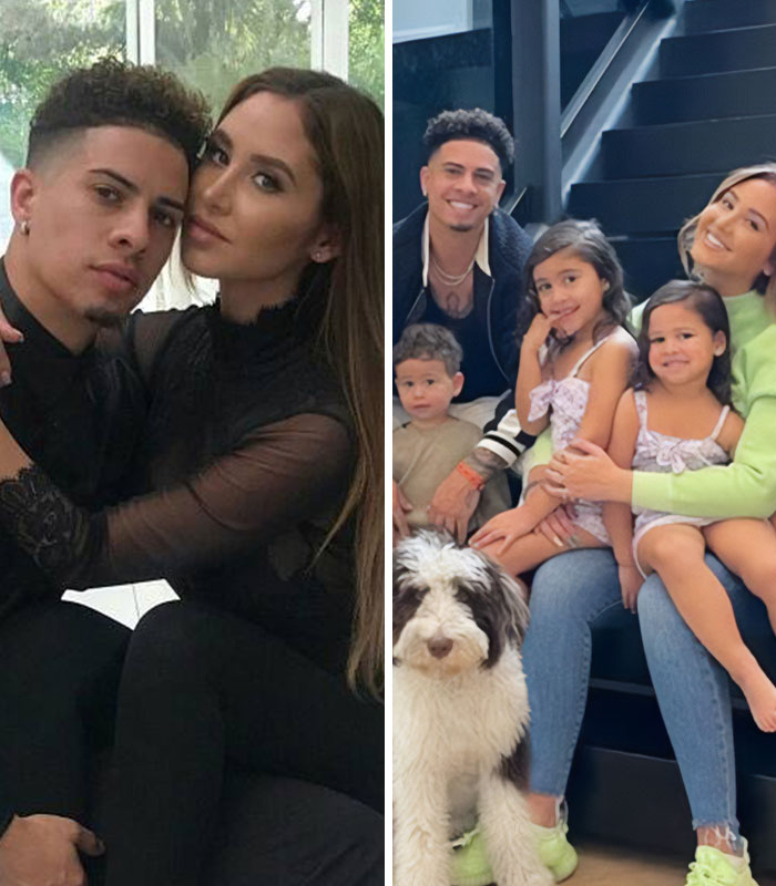 Influencers exposed for lying: A split image showing an influencer couple embracing and then with their children and dog.