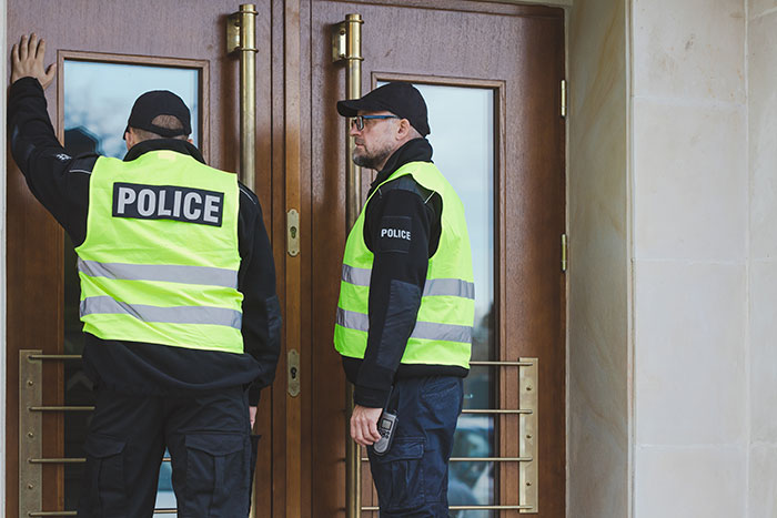 Police officers in bright vests stand outside a building, suggesting a police call related to deportation.