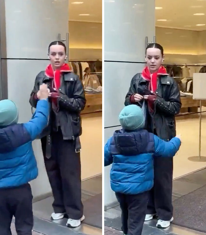 A family surprises their daughter who isn't crying of joy, as a young child approaches her.