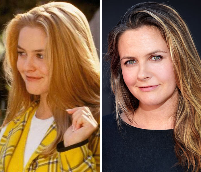 A split image of actress Alicia Silverstone as Cher from Clueless and in a recent photo, a major hit actress.