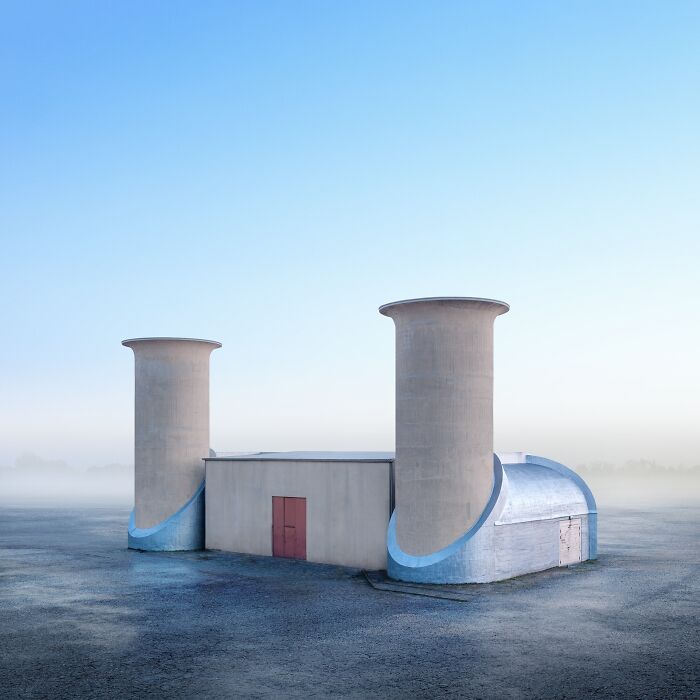 A minimalist photography awards image of two large spherical buildings connected by a walkway, set against a cloudy sky.
