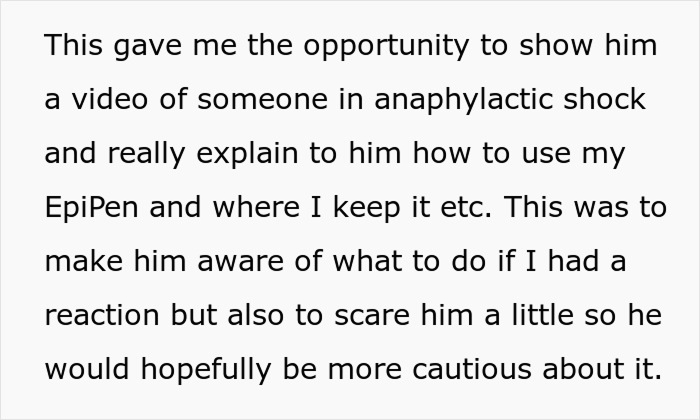 Text: Woman's boyfriend forgetting her allergy. She wonders how many reminders he needs. Showing him how to use an EpiPen. Text: Woman's boyfriend forgetting her allergy. She wonders how many reminders he needs. Showing him how to use an EpiPen.