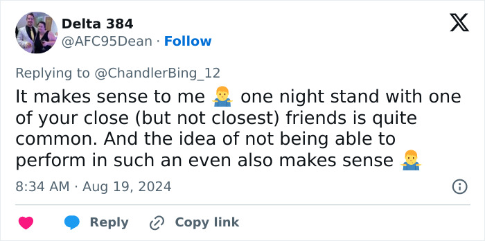 Tweet by @AFC95Dean discussing a one-night stand on The Big Bang Theory, referencing Kaley Cuoco hookup. Tweet by @AFC95Dean discussing a one-night stand on The Big Bang Theory, referencing Kaley Cuoco hookup.