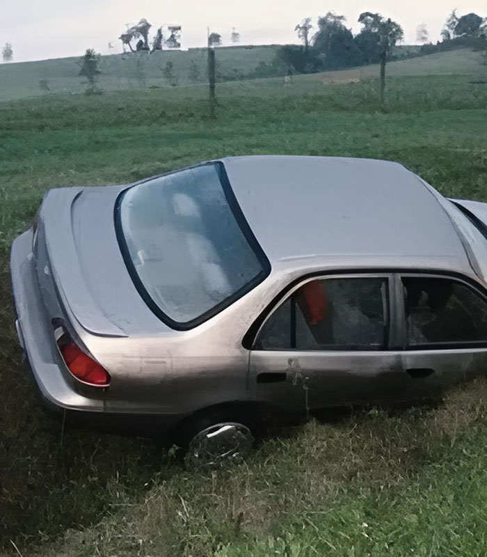 A silver car half-submerged in a grassy ditch after a car crash.