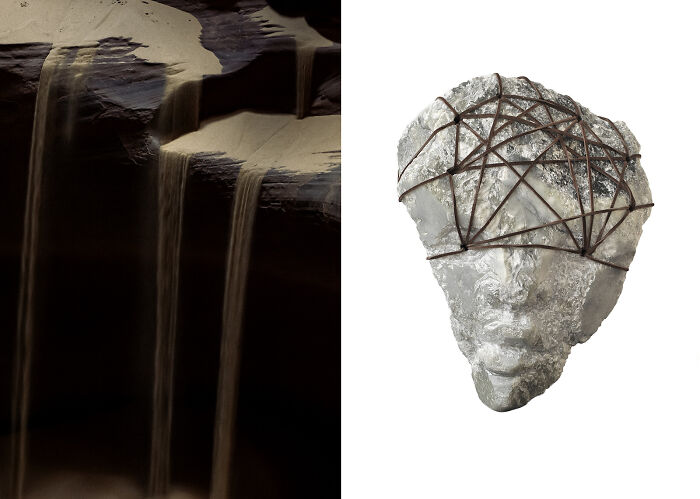 A dual image from the minimalist photography awards, featuring sand flowing down a dark cliff and a stone head bound with wire.