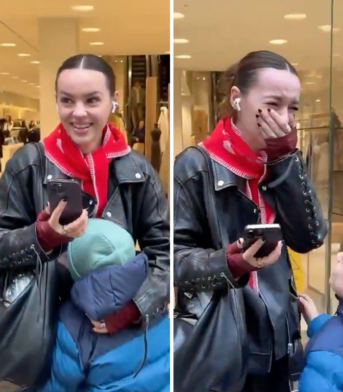 Daughter reacts to a surprise family reunion in a store.